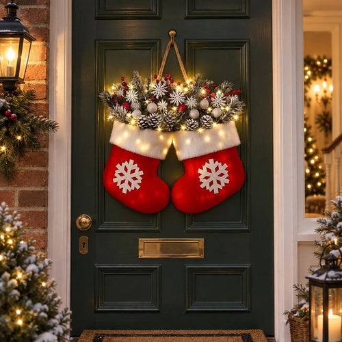 Lighted Christmas Mitten Door Hanging, Red Snowflake Holiday Wreath, Festive Greenery Wall Decor, Christmas Door Decoration