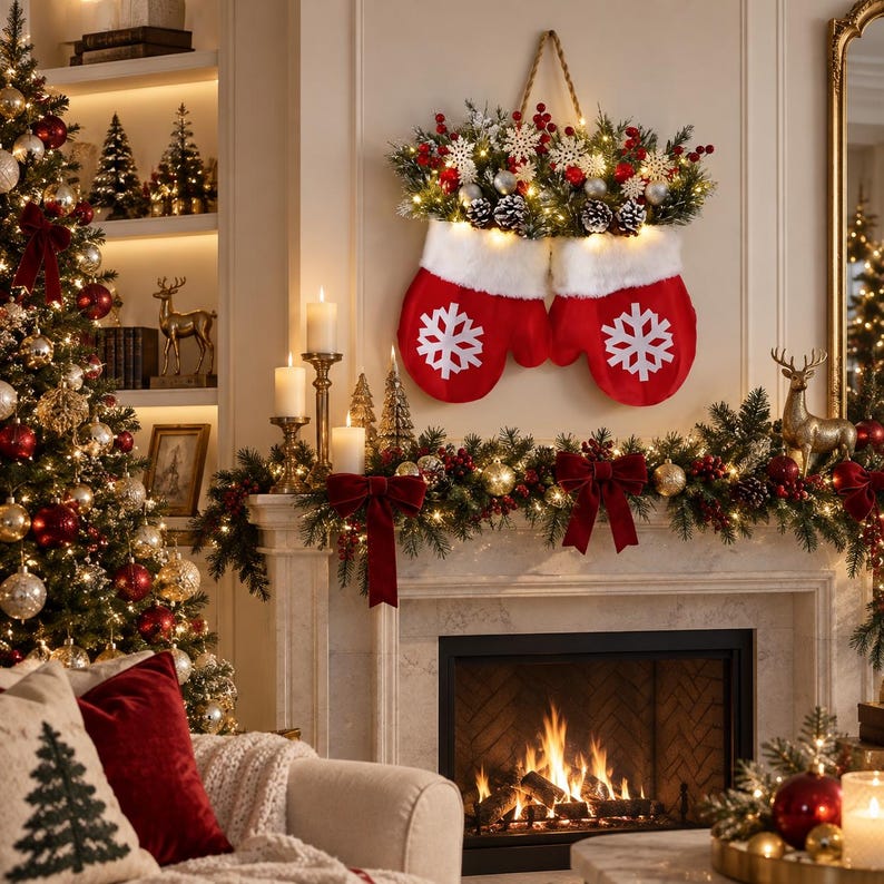 Lighted Christmas Mitten Door Hanging, Red Snowflake Holiday Wreath, Festive Greenery Wall Decor, Christmas Door Decoration