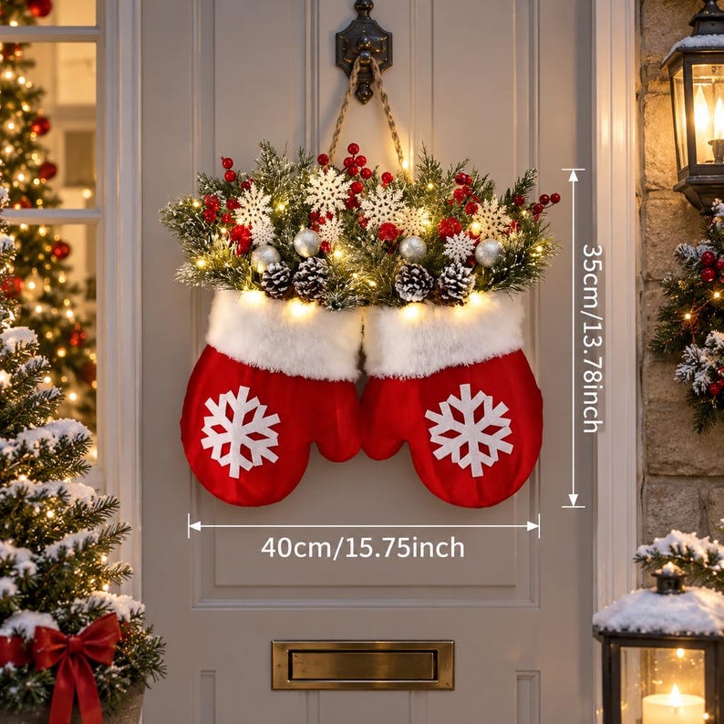 Lighted Christmas Mitten Door Hanging, Red Snowflake Holiday Wreath, Festive Greenery Wall Decor, Christmas Door Decoration