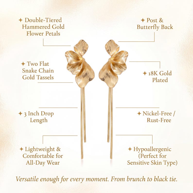 Gold Flower Petal Fringe Earrings