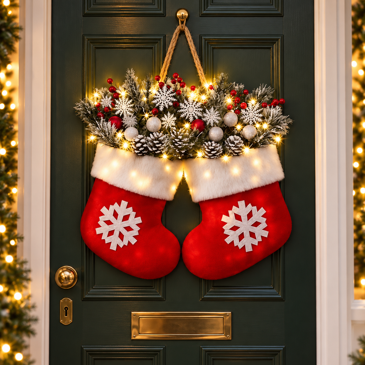 Lighted Christmas Mitten Door Hanging, Red Snowflake Holiday Wreath, Festive Greenery Wall Decor, Christmas Door Decoration