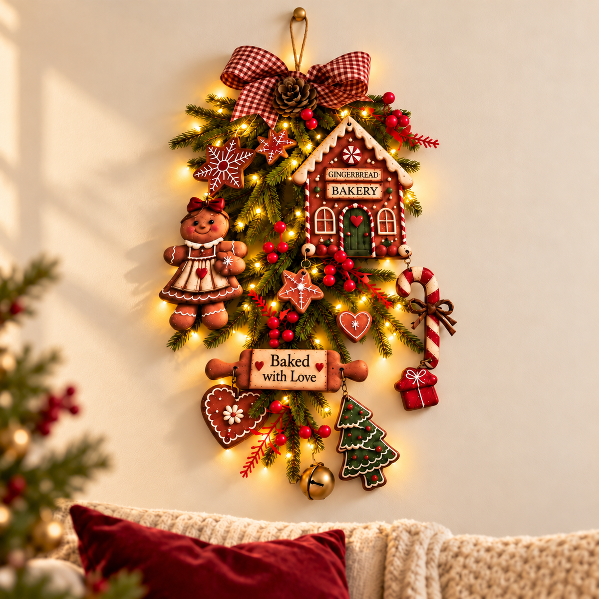 Emit light Gingerbread Christmas Wall Hanging ,Wall-Mounted Christmas , christmas wreaths for front door,christmas outdoor decorations