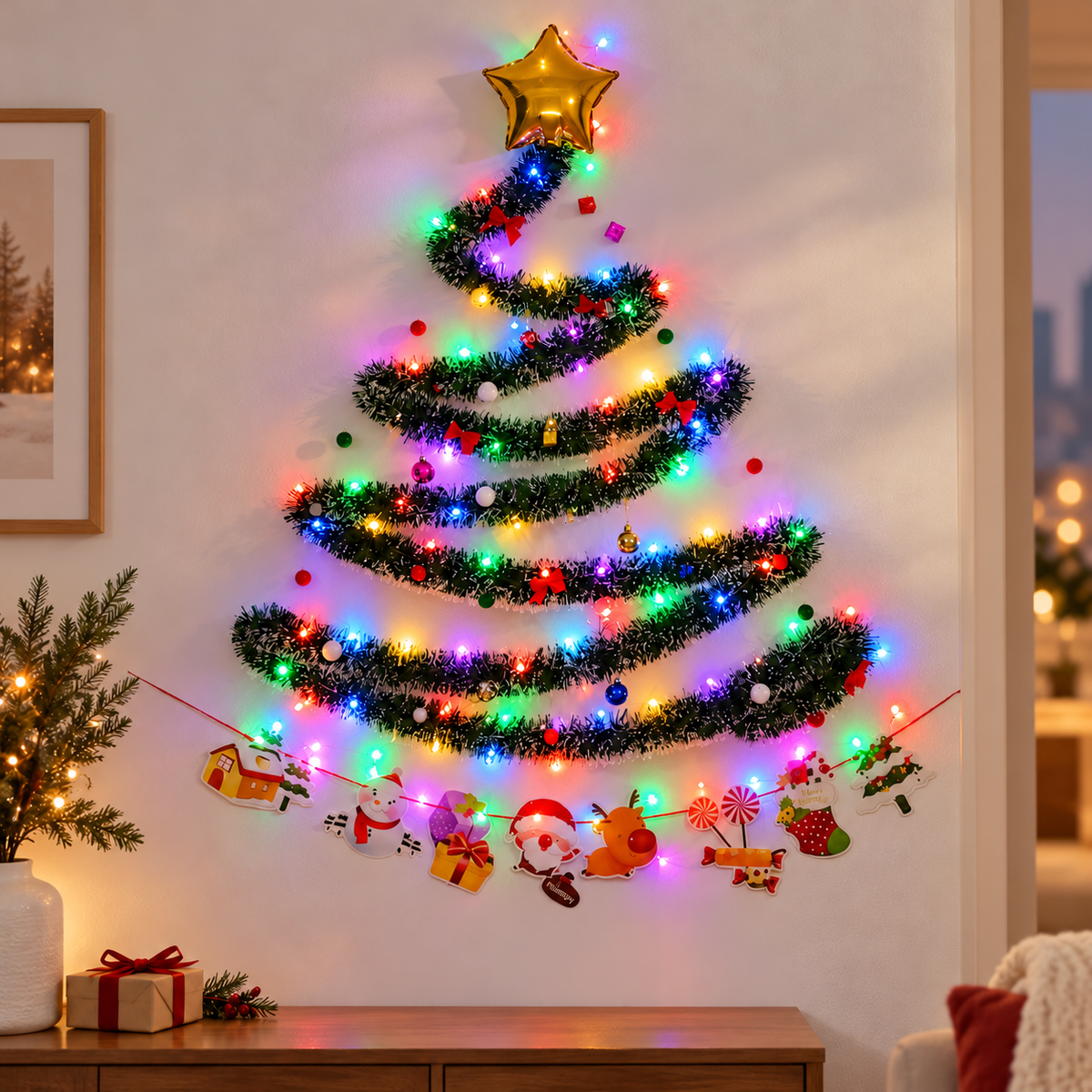 Wall-Mounted Christmas Tree, with Multicolor ,Lights Space-Saving Holiday Wall Decor