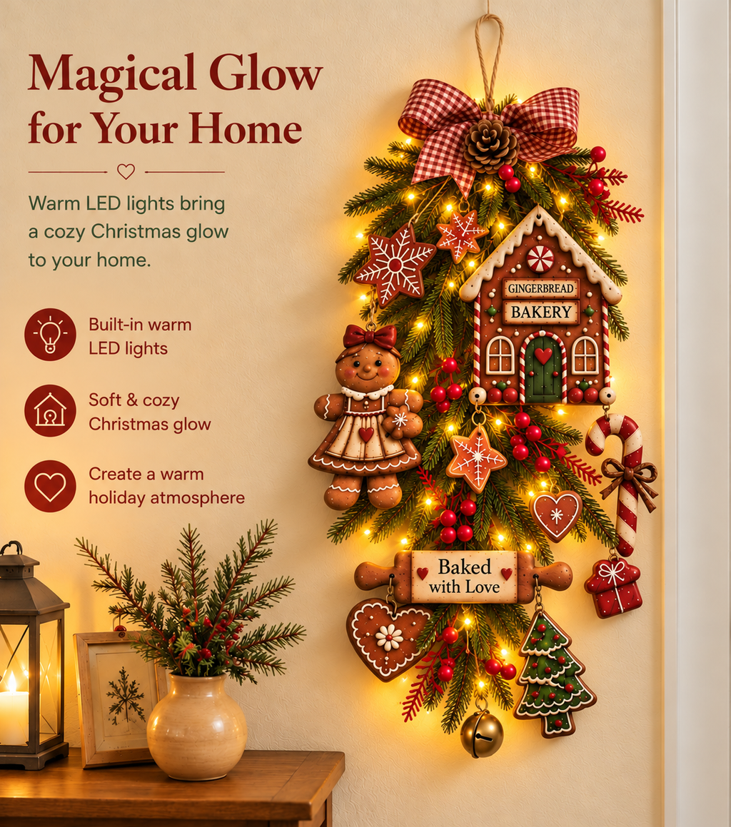 Emit light Gingerbread Christmas Wall Hanging ,Wall-Mounted Christmas , christmas wreaths for front door,christmas outdoor decorations