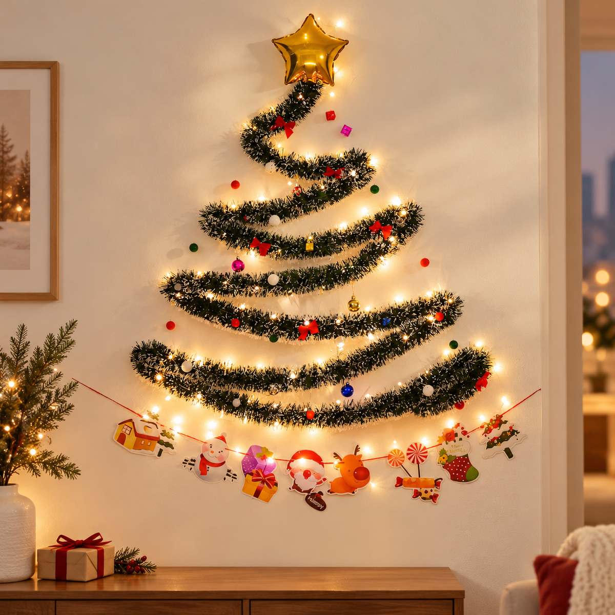 Wall-Mounted Christmas Tree, with Multicolor ,Lights Space-Saving Holiday Wall Decor