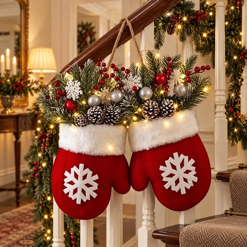 Lighted Christmas Mitten Door Hanging, Red Snowflake Holiday Wreath, Festive Greenery Wall Decor, Christmas Door Decoration
