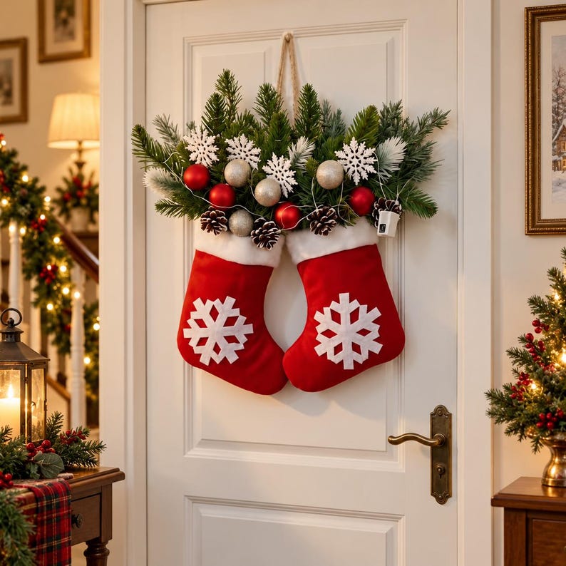 Lighted Christmas Mitten Door Hanging, Red Snowflake Holiday Wreath, Festive Greenery Wall Decor, Christmas Door Decoration