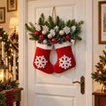 Lighted Christmas Mitten Door Hanging, Red Snowflake Holiday Wreath, Festive Greenery Wall Decor, Christmas Door Decoration