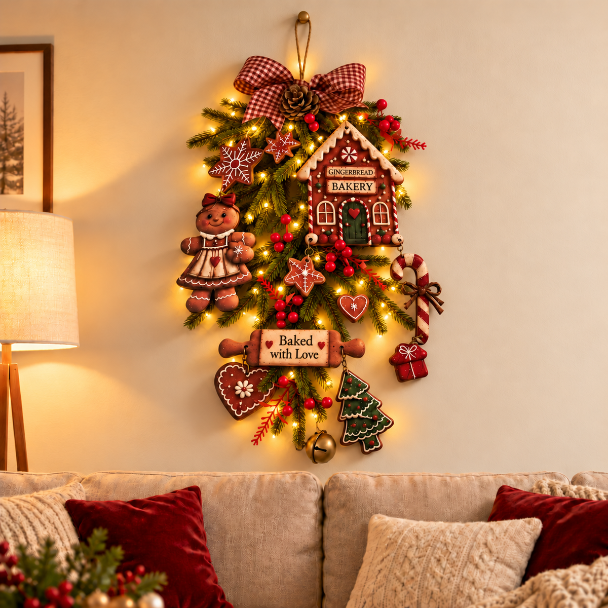 Emit light Gingerbread Christmas Wall Hanging ,Wall-Mounted Christmas , christmas wreaths for front door,christmas outdoor decorations
