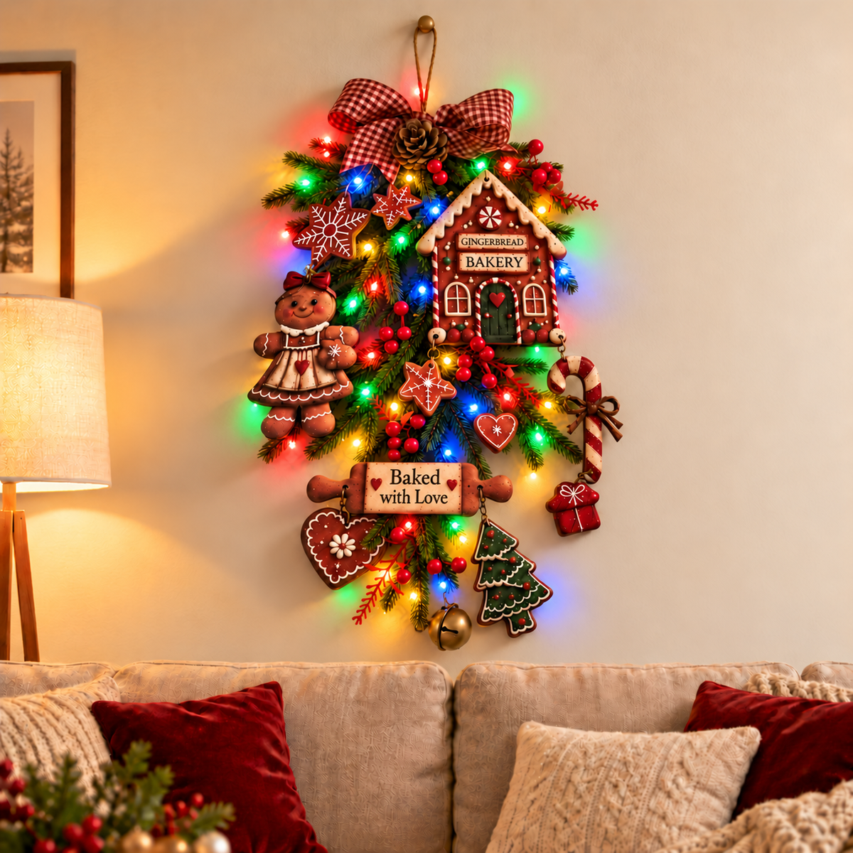 Emit light Gingerbread Christmas Wall Hanging ,Wall-Mounted Christmas , christmas wreaths for front door,christmas outdoor decorations